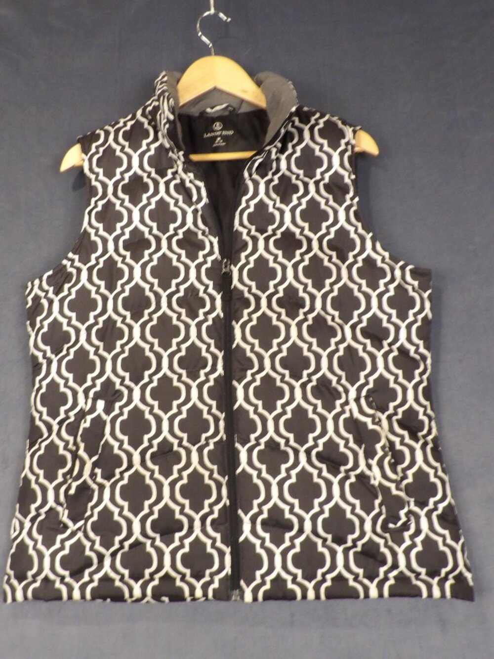 Lands' End Black and White Geometric Patterned Down Filled Puffer Vest Medium